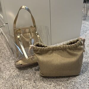 Gold clear tote vinyl beach pool bag purse with removable fabric pouch